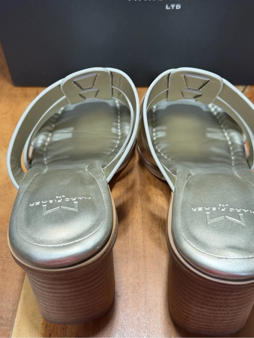 Marc Fisher Metallic Y2K Inspired Louisa Leather Mule Heels Silver Size 7 NIB